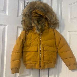 Jordan Craig Unisex Mustard Yellow Puffer Jacket with Faux Fur Hood Size 8